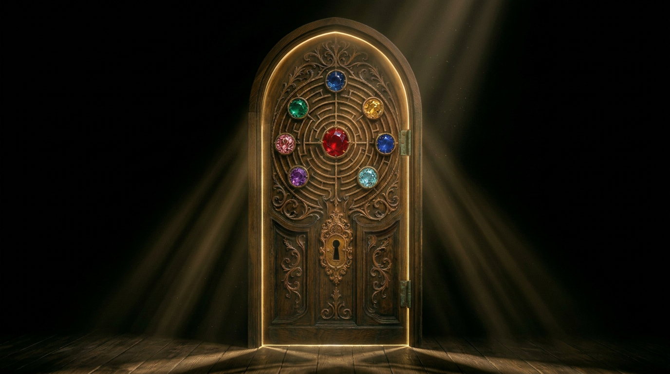 Ornate carved door of Labyrinth House glowing gold against a black void